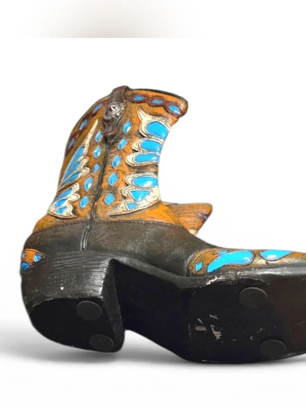 Decorative Country Western Boot Wine Bottle Holder Resin w Inlaid Turquoise